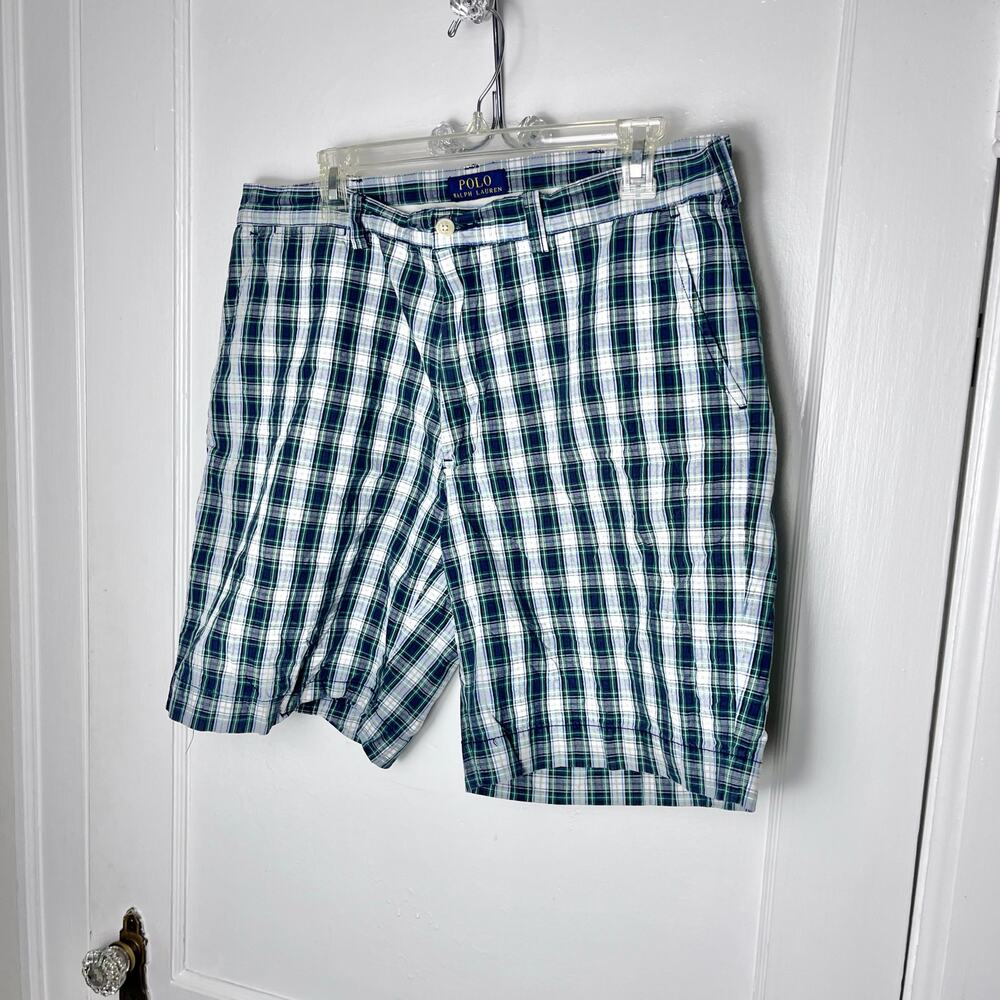 Vintage Y2K 2000s Polo Ralph Lauren Blue Green Plaid Casual Shorts Size 35